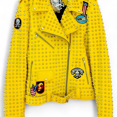 Crafted leather new handmade men's punk style yellow studded adorable leather jacket - Thumbnail 1