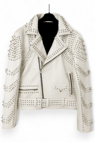 Crafted Leather New Women Punk White Silver Long Spiked Studded Brando Biker Leather Jacket