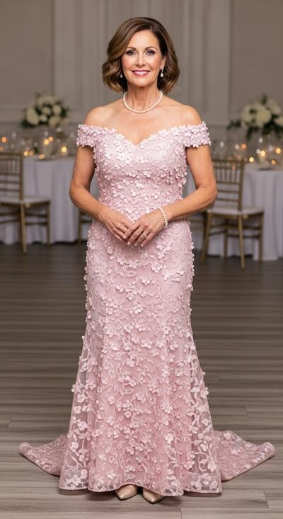Plus Size Pink Sheath Off the Shoulder Lace Appliques Mother of Bride/Groom Dress Evening Formal Gowns