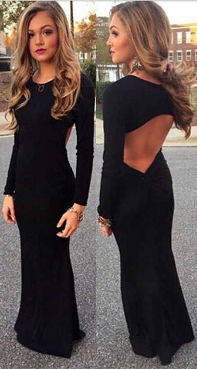 long sleeve open back prom dress