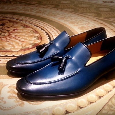 Best wear men's hand stitch navy blue shoes, genuine leather tassels loafer leather formal wear shoes