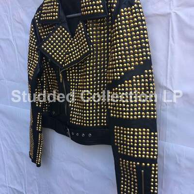 Men handmade mono goldon studded punk rock mode black stylish leather jacket