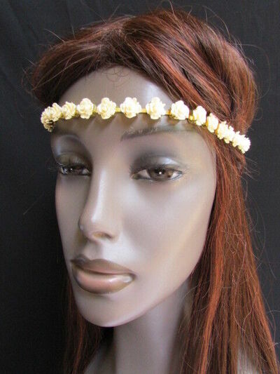 80's Women Head Chain Fashion Cream Hair Gold Metal Jewelry Band Flower Headband