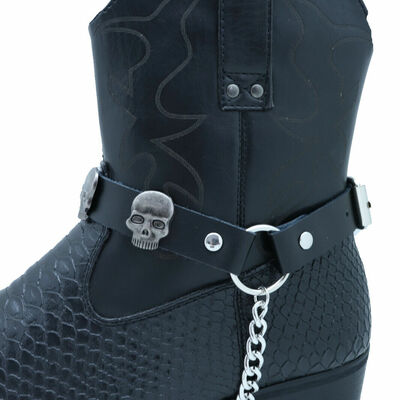 Biker men western boot pair black faux leather 2 straps silver skull charms goth