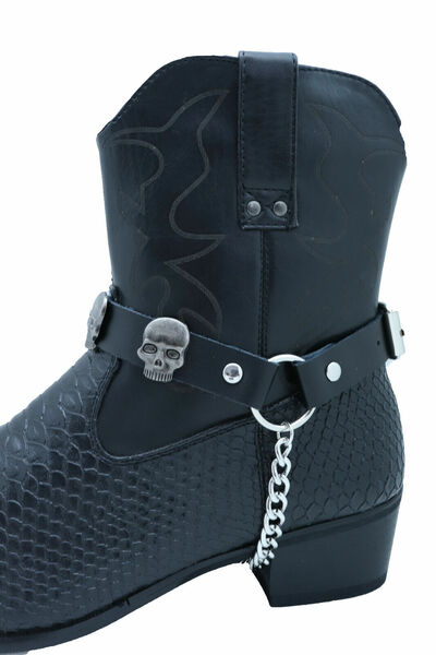 Biker Men Western Boot Pair Black Faux Leather 2 Straps Silver Skull Charms Goth