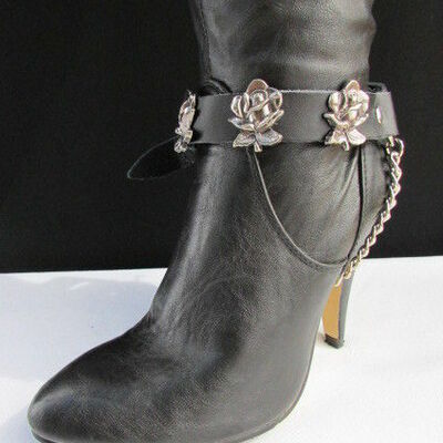 Biker western boot silver chain pair black fabric straps rose flower bands