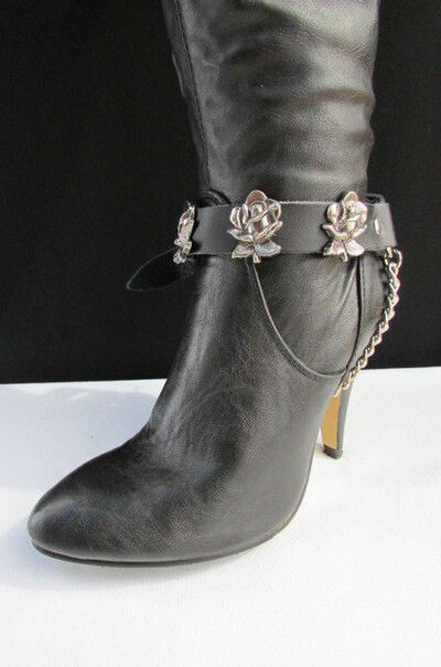 Biker Western Boot Silver Chain Pair Black Fabric Straps Rose Flower Bands