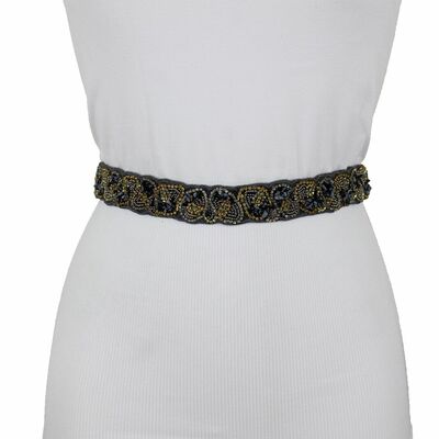 Boho women elastic grey waistband narrow belt hip waist bling beads stones s m