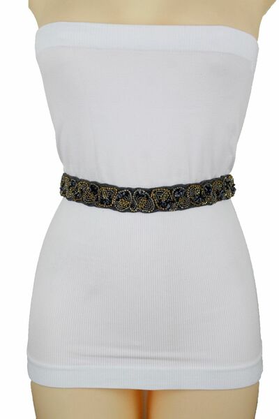 Boho Women Elastic Grey Waistband Narrow Belt Hip Waist Bling Beads Stones S M