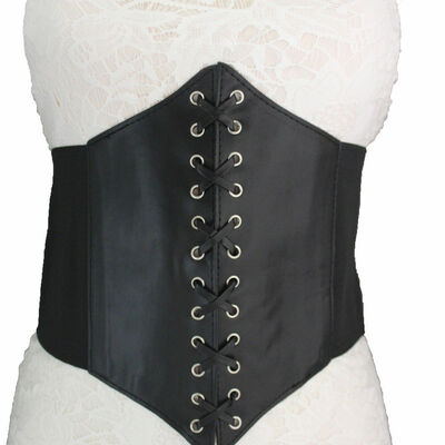 Women black belt extra wide corset tie high waist slimming faux leather m l