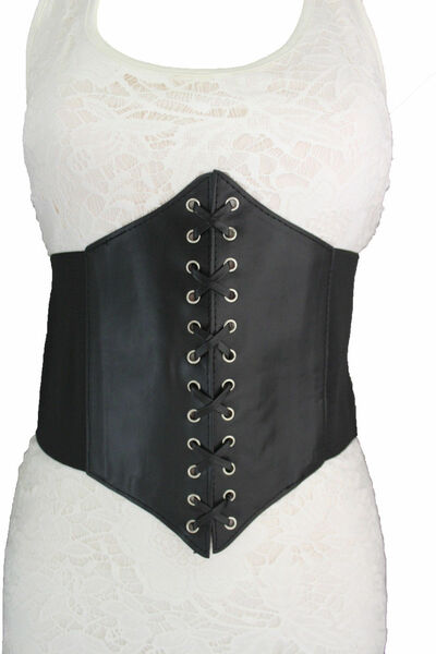Women Black Belt Extra Wide Corset Tie High Waist Slimming Faux Leather M L