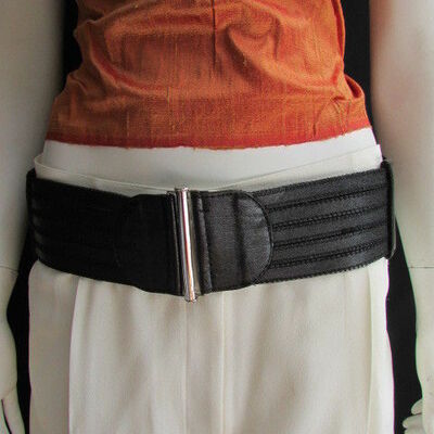 Women waist hip black cut out stripes wide elastic faux leather belt s m