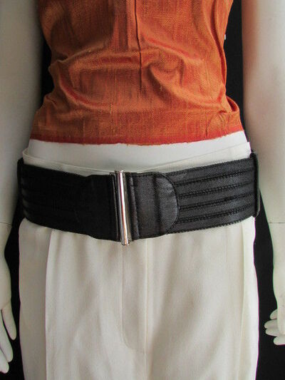 Women WAIST HIP BLACK CUT OUT STRIPES WIDE ELASTIC FAUX LEATHER BELT S M