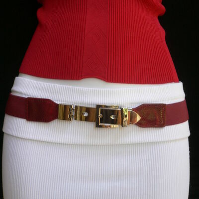 Women elastic hip high waist narrow stylish red belt long silver buckle s m