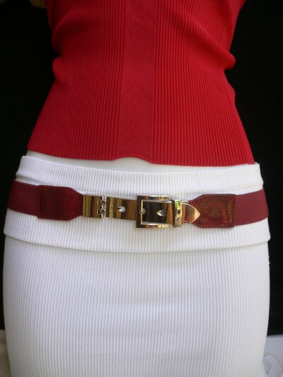 Women ELASTIC HIP HIGH WAIST NARROW STYLISH RED BELT LONG SILVER BUCKLE S M