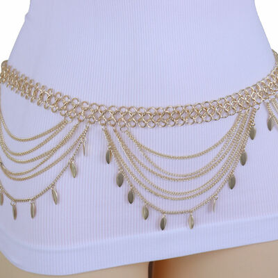 Women wide gold metal chain side waves belt leaf charms fancy bling m l xl