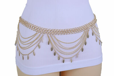 Women Wide Gold Metal Chain Side Waves Belt Leaf Charms Fancy Bling M L XL