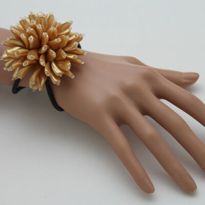 Women bracelet cream gold beads big flower charm elastic cuff band jewelry 
