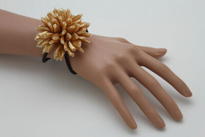 Women Bracelet Cream Gold Beads Big Flower Charm Elastic Cuff Band Jewelry 