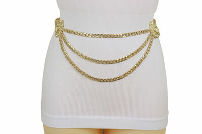 Women Gold Metal Chain Belt Celebrity Stylish Look Side Lion Charm Wave S M