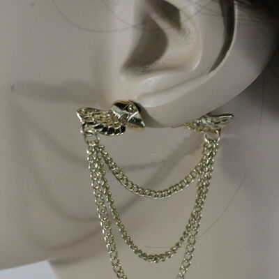 Women gold metal western fashion earrings 2 side angel wings love heart