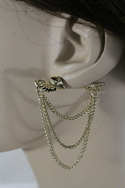 Women Gold Metal Western Fashion Earrings 2 Side Angel Wings Love Heart