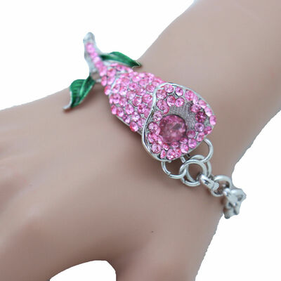 Women silver metal chain bracelet pink flower charm attractive stylish look