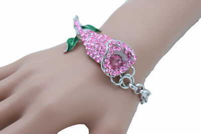 Women Silver Metal Chain Bracelet Pink Flower Charm Attractive Stylish Look