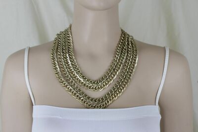 Women Gold Metal Chain Multi Strands Fashion Jewelry Necklace Earrings Set