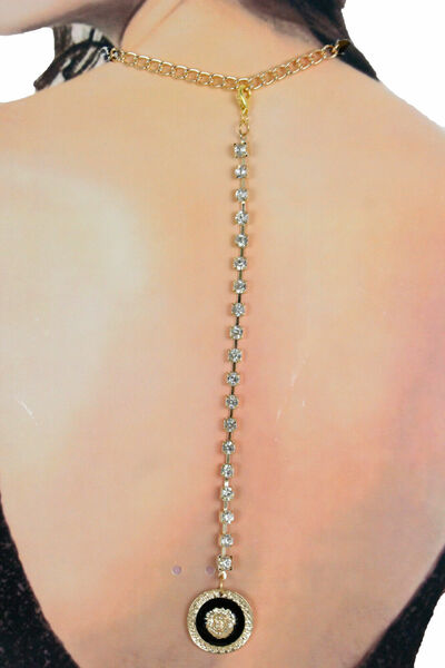Women Gold Strand Rhinestones Fashion Open Back Necklace Hip Hop Lion Charm