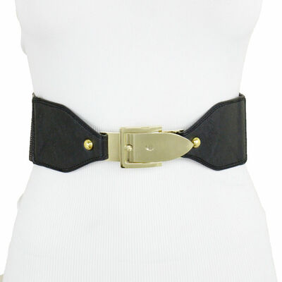 Women wide stretch waistband black color fashion belt gold metal buckle s m