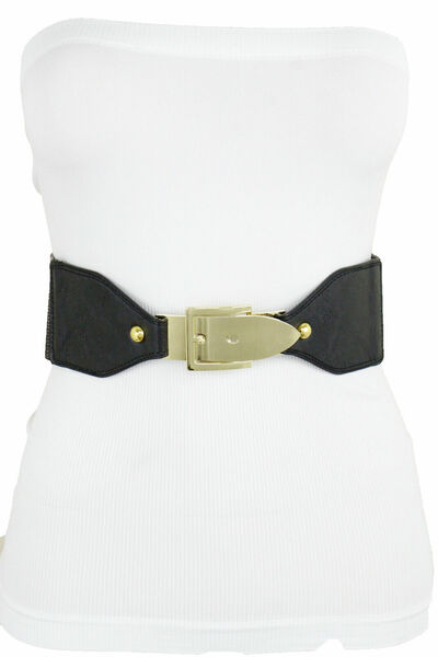 Women Wide Stretch Waistband Black Color Fashion Belt Gold Metal Buckle S M