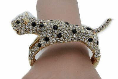 Women Fashion Jewelry Gold Metal Cuff Bracelet Bling Fancy Leopard Tiger