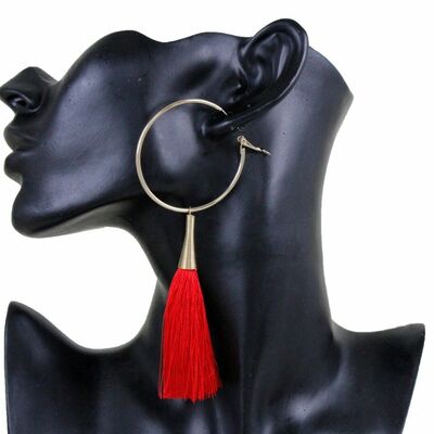 Women hook earrings gold metal hoop fashion jewelry long red tassel fabric