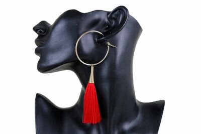 Women Hook Earrings Gold Metal Hoop Fashion Jewelry Long Red Tassel Fabric