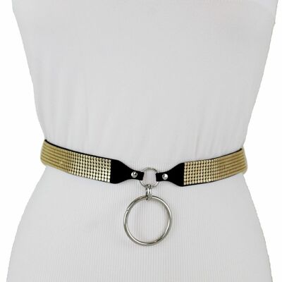 Women gold mesh black skinny band silver center ring fashion belt xs s m