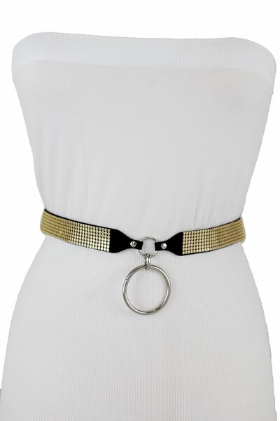 Women Gold Mesh Black Skinny Band Silver Center Ring Fashion Belt XS S M