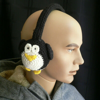 Earwarmers winter warm material happy pinguin design hand made winter cold ears 