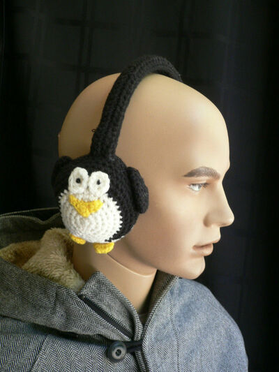 Earwarmers Winter Warm Material Happy Pinguin Design Hand Made Winter Cold Ears 