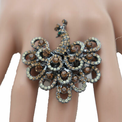Women pewter metal bridal fashion brown peacock ring animal wedding jewelry