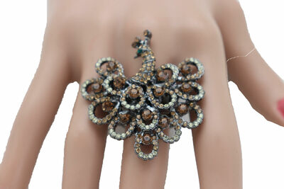 Women Pewter Metal Bridal Fashion Brown Peacock Ring Animal Wedding Jewelry