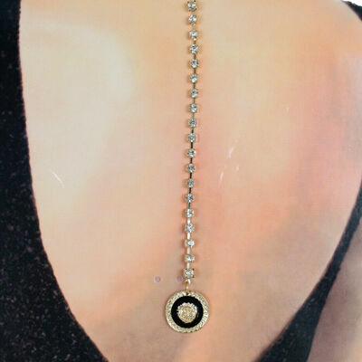 Women gold metal lion charm bling long open back necklace hook on pendant