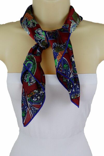 Women Silk Soft Fabric Square Scarf Dressy Look Tie Wrap Red Blue Flowers