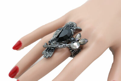 Women Black Metal Ring Fashion Stretch Band Jewelry Bird Day Night Time Wear
