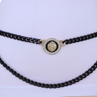 Special women belt fashion black metal chain bling gold lion coin charm xs s m