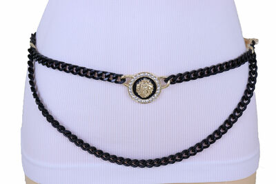 Special Women Belt Fashion Black Metal Chain Bling Gold Lion Coin Charm XS S M