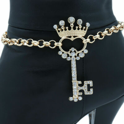 Women boot gold color metal chain shoe anklet bracelet bling crown key charm