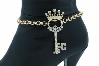 Women Boot Gold Color Metal Chain Shoe Anklet Bracelet Bling Crown Key Charm