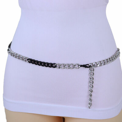 Women black silver metal chain travel thin band belt plus size m l xl