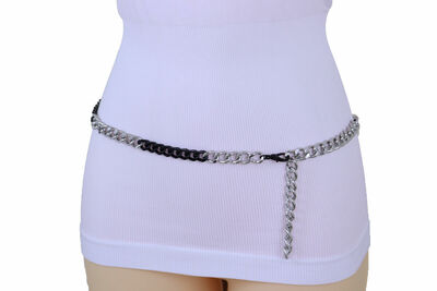 Women Black Silver Metal Chain Travel Thin Band Belt Plus Size M L XL